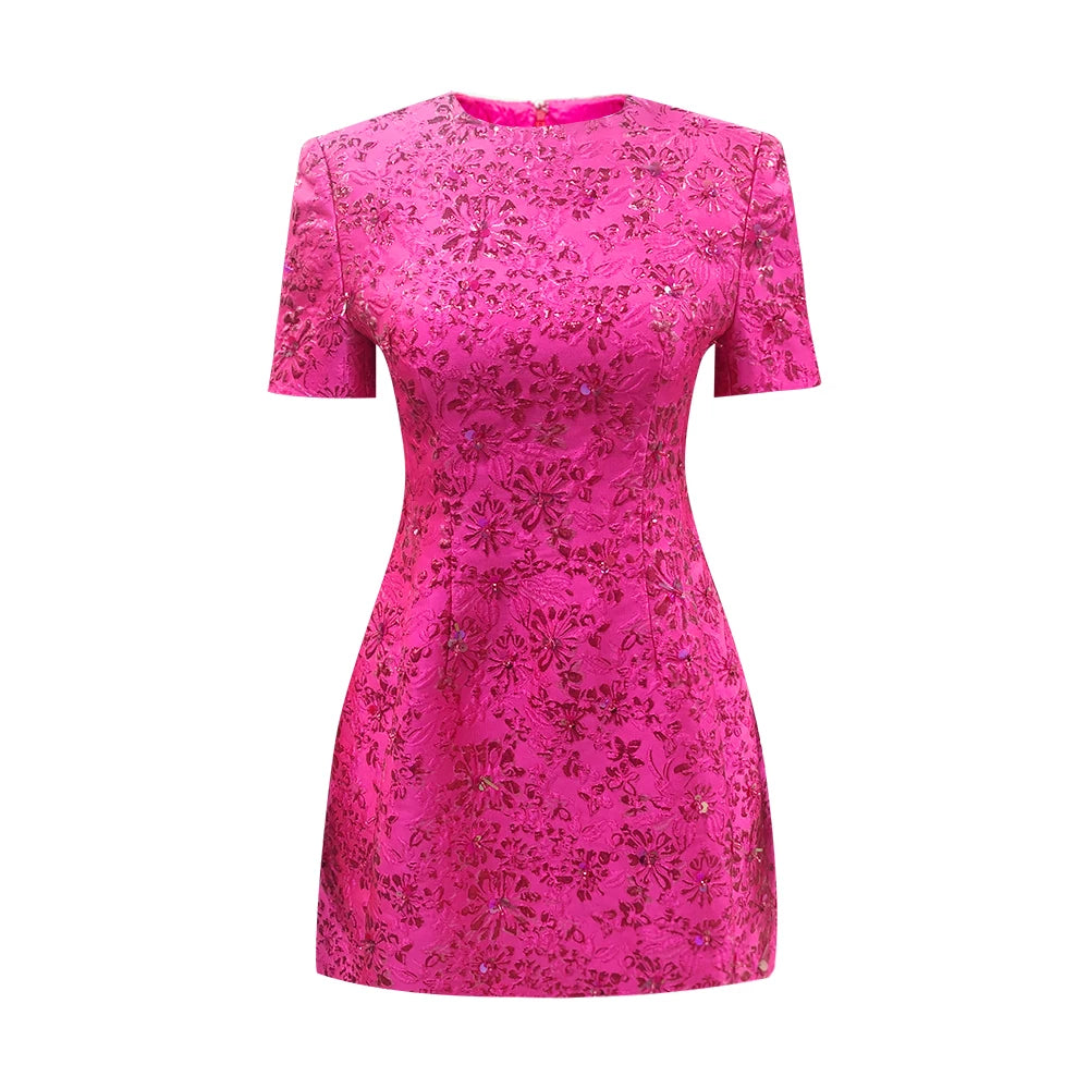 Beautiful and elegant short-sleeved dresses with a deep pink jacquard floral print.