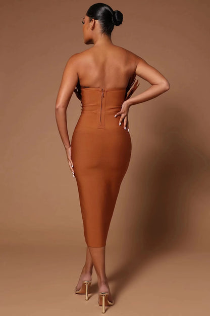 Women Sexy Feathers Off the Shoulder Bodycon Mid-calf Dress Rayon Bandage Birthday Party Costume.