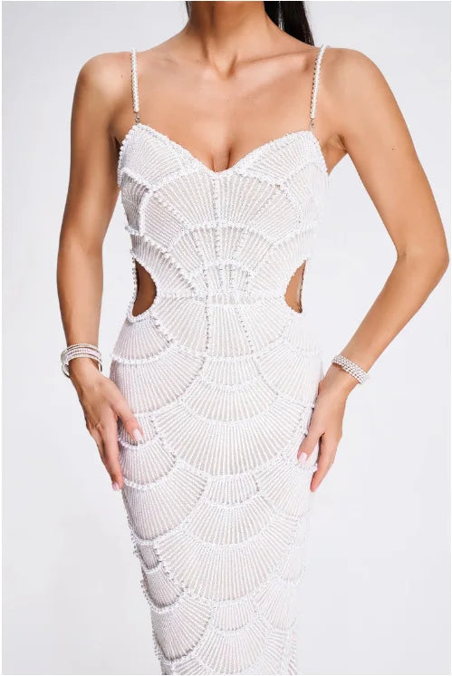 Sexy Strap Pearl Beading Sequins Bodycon Long Dress Celebrate Evening Party Birthday.