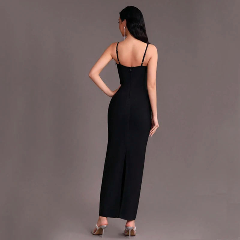 Strap Deep V-Neck Diamond Sexy show Bandage Long Dress.