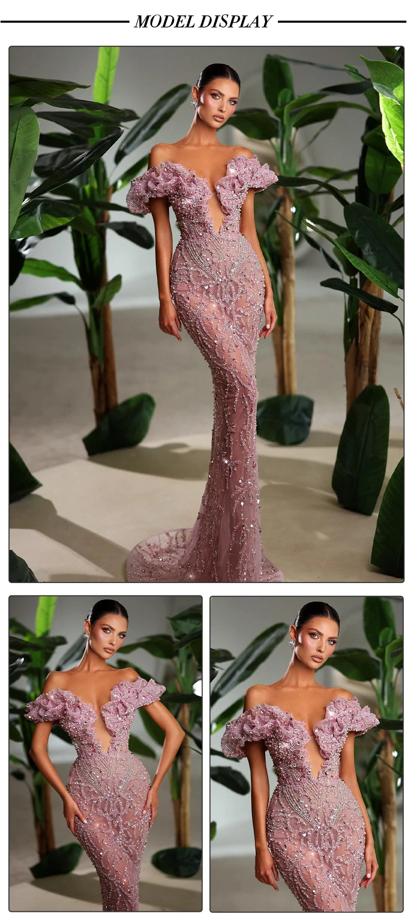 Dresses Sleeveless Off the Shoulder Deep V Plunge Sequins Zipper Beaded 3D Lace Appliques.