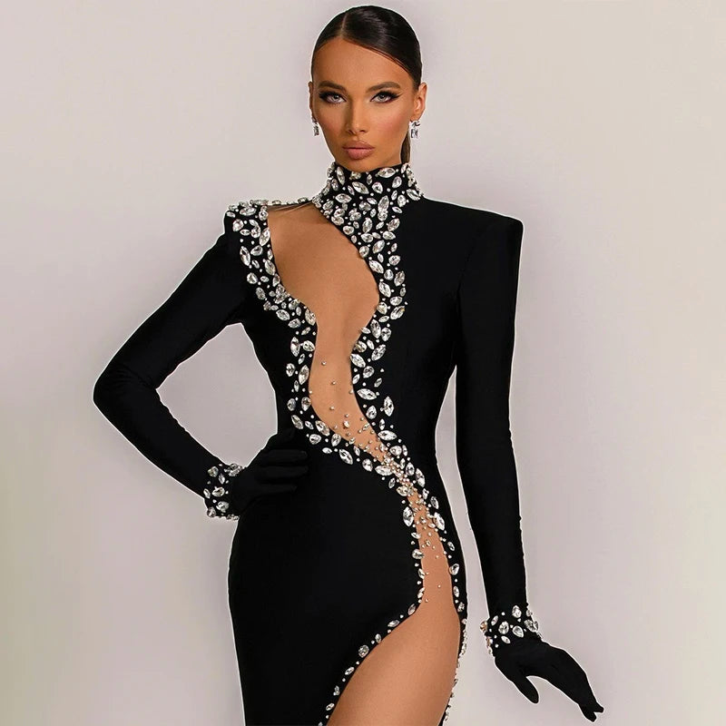 Diamonds Mesh Perspective Sexy Celebrity Cocktail Party Long Bandage