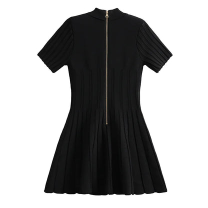 Turn-down Collar-breasted Short Sleeve Women Knit A-line Solid Mini Dress.