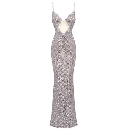 Silver Maxi Long Dress Elegant Party Evening.