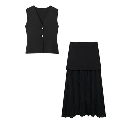 Set Chic V-Neck Sleeveless Button Knitted Vest.