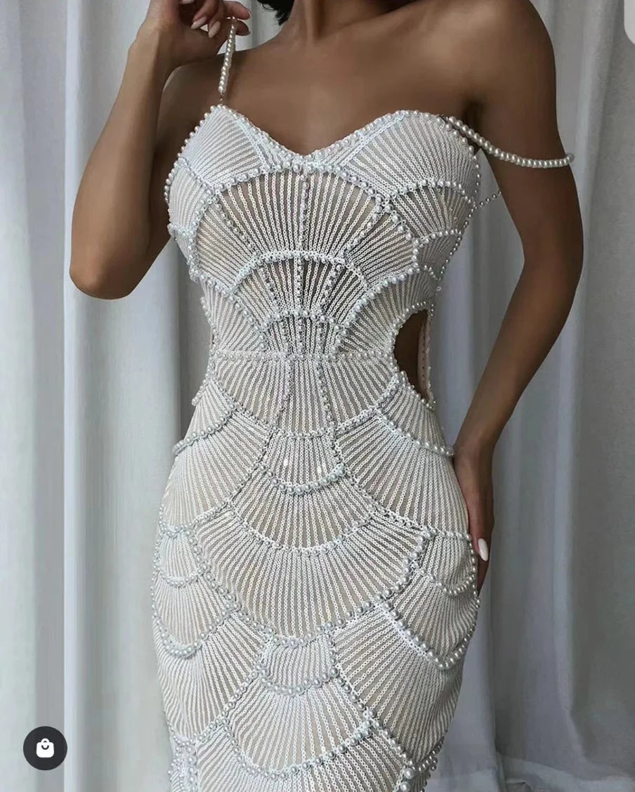 Sexy Strap Pearl Beading Sequins Bodycon Long Dress Celebrate Evening Party Birthday.