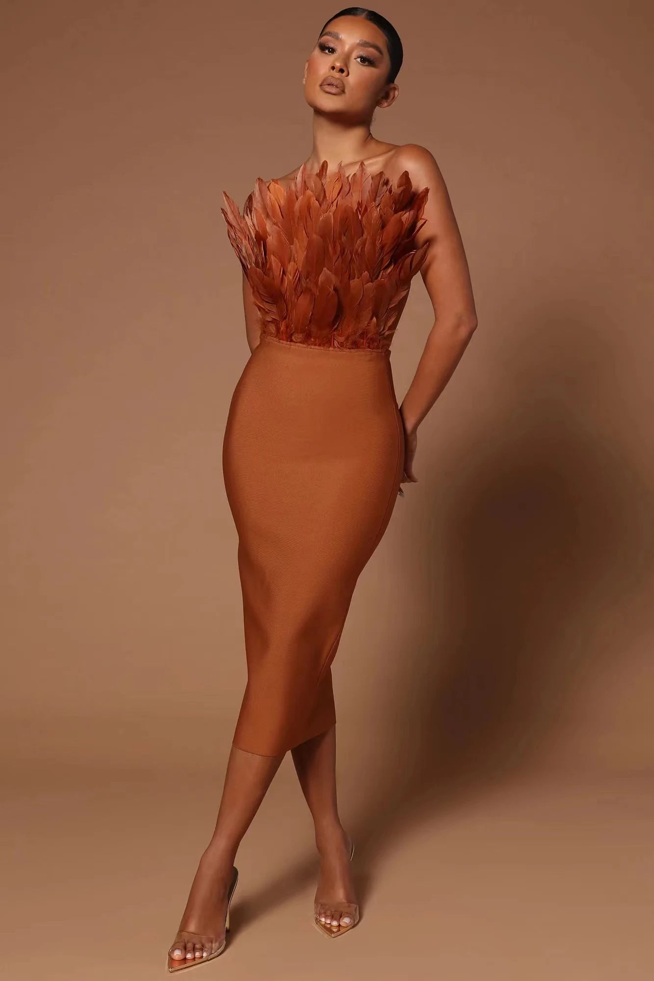 Women Sexy Feathers Off the Shoulder Bodycon Mid-calf Dress Rayon Bandage Birthday Party Costume.