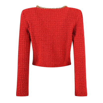 Charming luxurious set, red Tweed two-piece V-neck.