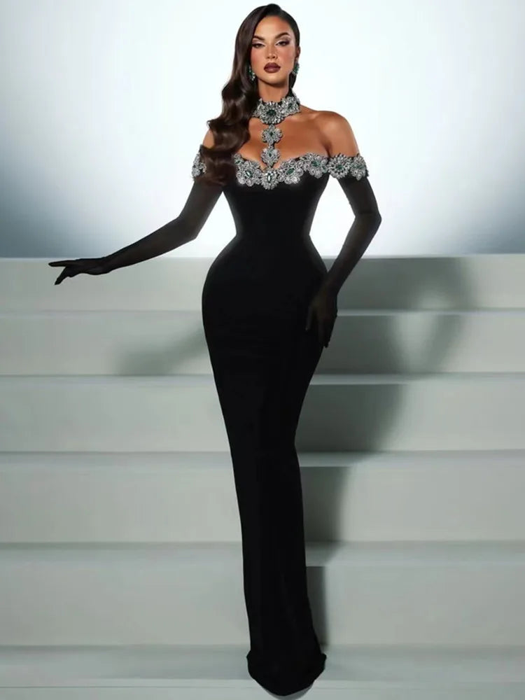 Women Celebrity Sexy Diamonds Crystal Black Maxi Long Elegant Evening Club Party Dress