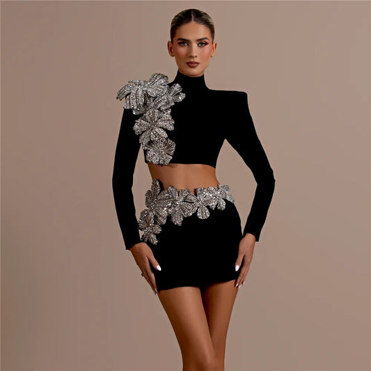 Women Bandage Sets Sexy Beading Long Sleeve Tops Mini Skirt Club.