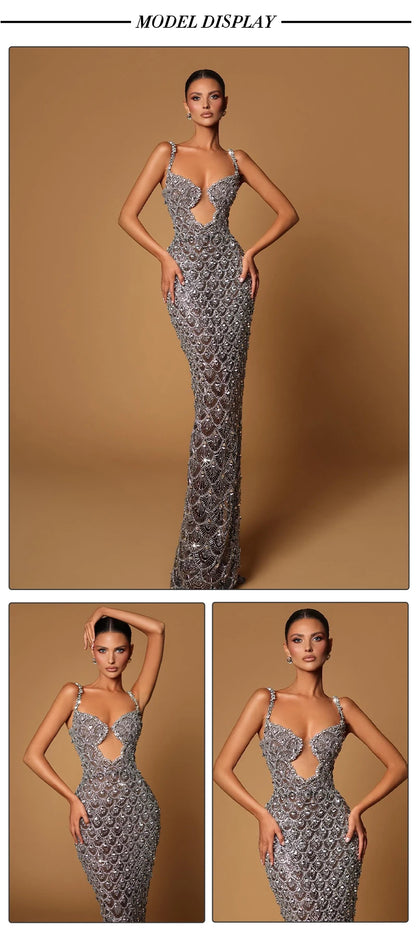 Silver Maxi Long Dress Elegant Party Evening.