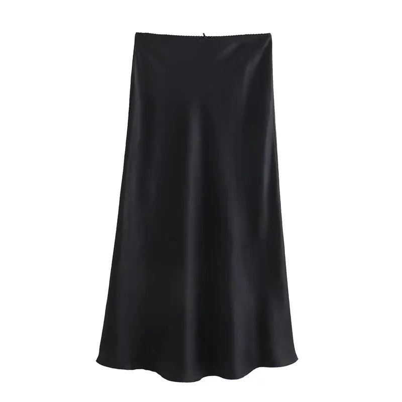 Black Satin Skirt Woman Bow Elegant Long Skirts