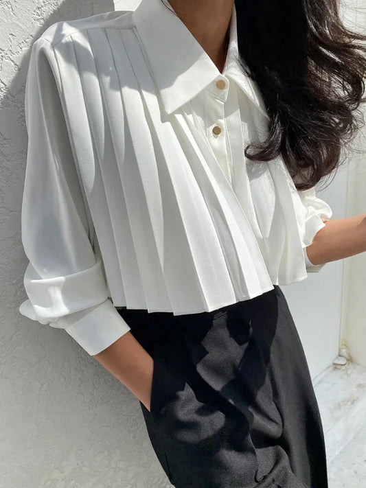 Blouses for Women Temperament Single Breasted White Shirts Crop Tops Autumn Pleated Vintage Blouse