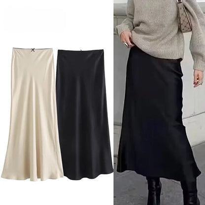 Black Satin Skirt Woman Bow Elegant Long Skirts